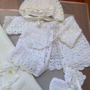 Handmade White Crochet Baby Set with Blanket